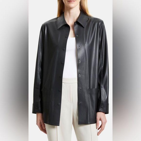 Theory Shirt Jacket Black Faux Leather Size Petite